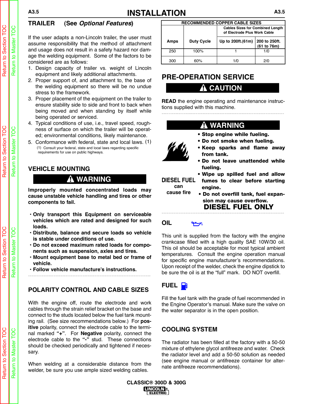 Lincoln Electric SVM194-A service manual Polarity Control and Cable Sizes Fuel 