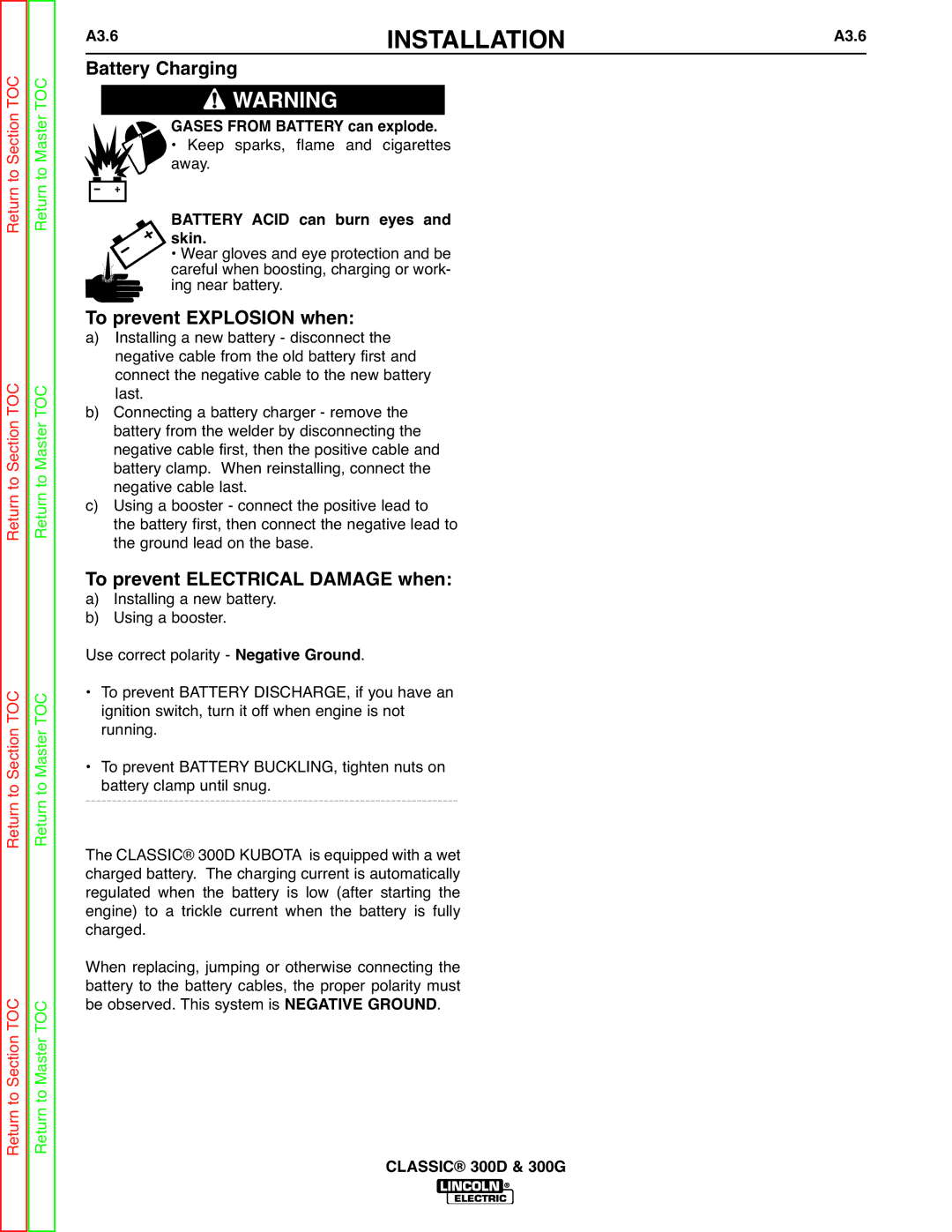 Lincoln Electric SVM194-A service manual Battery Charging Warning, A3.6, GAS ES from Battery can explode 