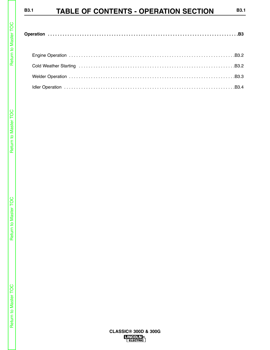 Lincoln Electric SVM194-A service manual Table of Contents Operation Section, B3.1 