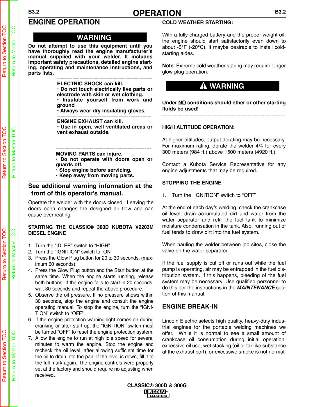 Lincoln Electric SVM194-A service manual Starting the Classic 300D Kubota V2203M, Diesel Engine 