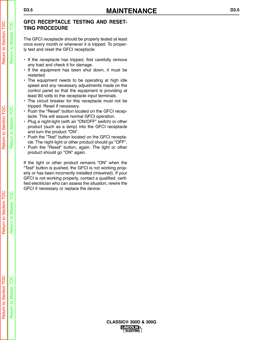 Lincoln Electric SVM194-A service manual D3.5MAINTENANCED3.5, Gfci Receptacle Testing and Reset Ting Procedure 