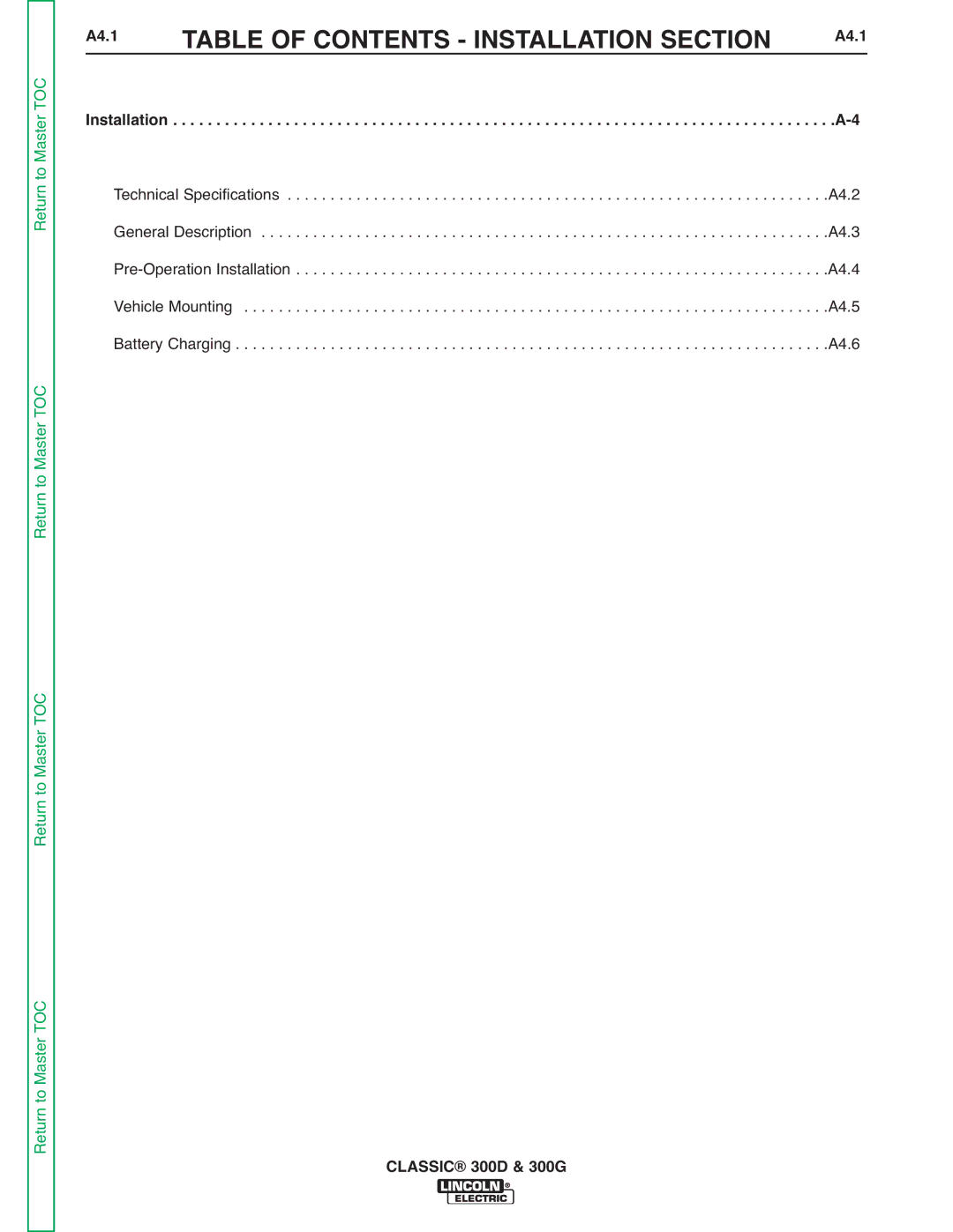 Lincoln Electric SVM194-A service manual Table of Contents Installation Section, A4.1 