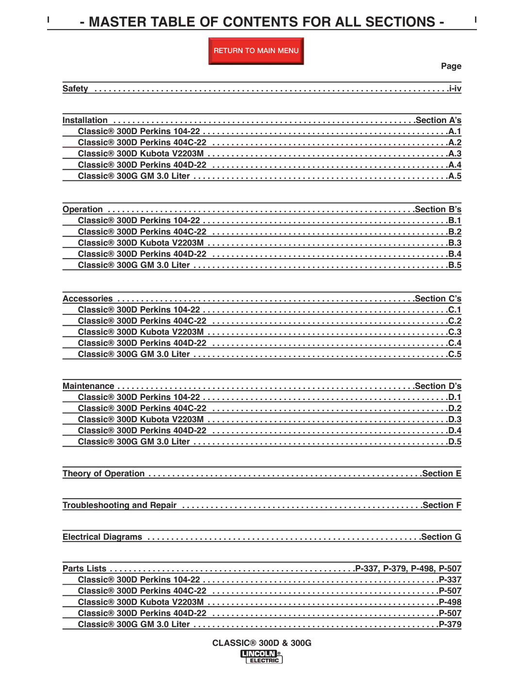 Lincoln Electric SVM194-A service manual Master Table of Contents for ALL Sections 