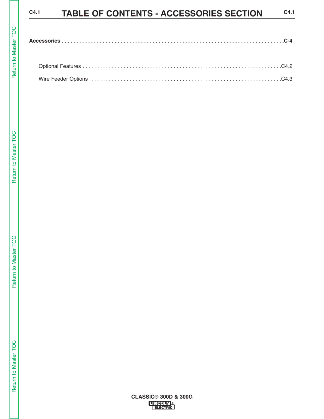 Lincoln Electric SVM194-A service manual Table of Contents Accessories Section, C4.1 