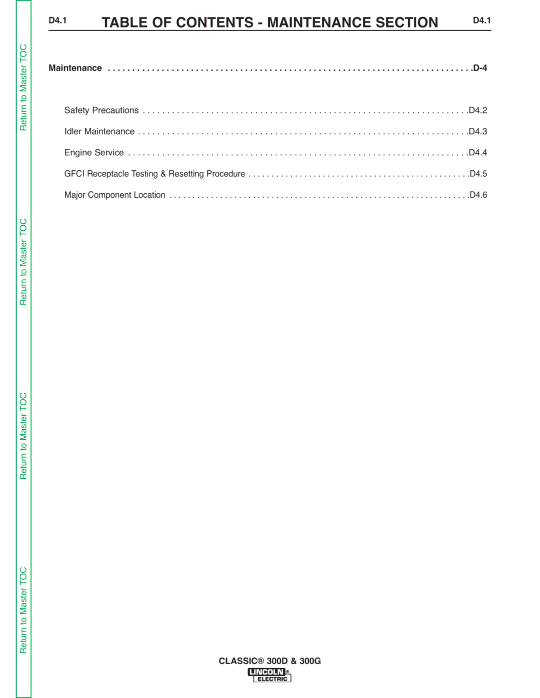 Lincoln Electric SVM194-A service manual Table of Contents Maintenance Section, D4.1 