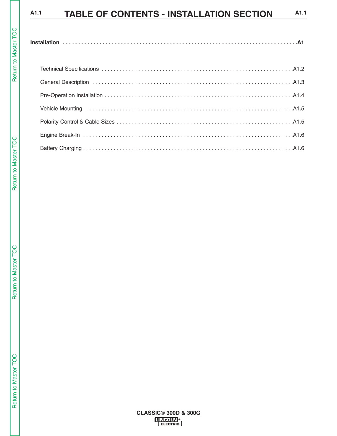 Lincoln Electric SVM194-A service manual Table of Contents Installation Section 