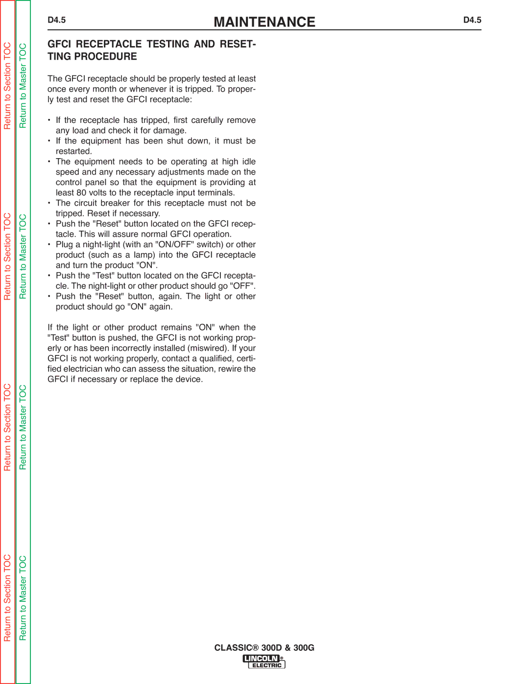 Lincoln Electric SVM194-A service manual D4.5MAINTENANCED4.5, Gfci Receptacle Testing and Reset Ting Procedure 