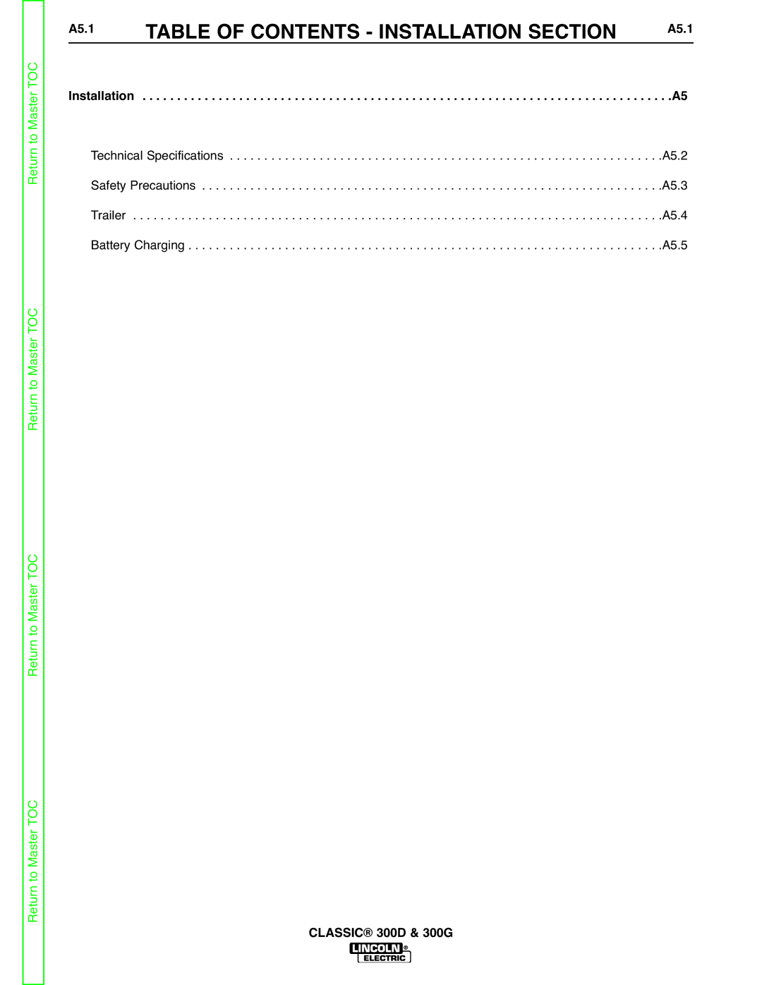 Lincoln Electric SVM194-A service manual Table of Contents Installation Section, A5.1 