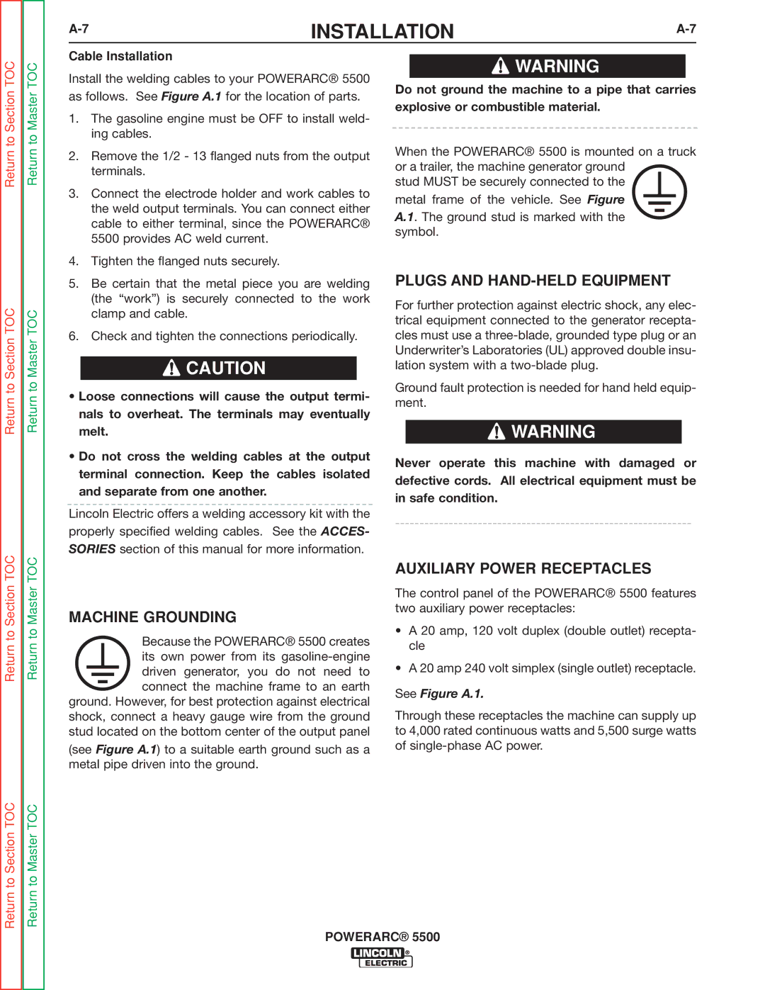 Lincoln Electric SVM197-A service manual Plugs and HAND-HELD Equipment, Machine Grounding, Auxiliary Power Receptacles 