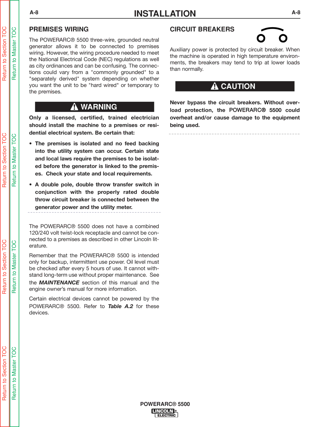 Lincoln Electric SVM197-A service manual Premises Wiring, Circuit Breakers 