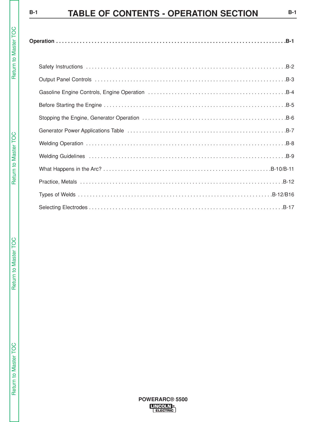 Lincoln Electric SVM197-A service manual Table of Contents Operation Section 