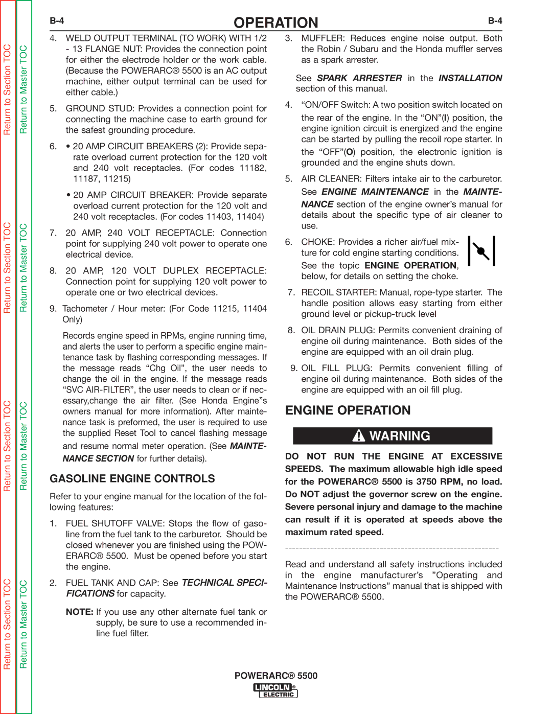 Lincoln Electric SVM197-A service manual Engine Operation, Gasoline Engine Controls 