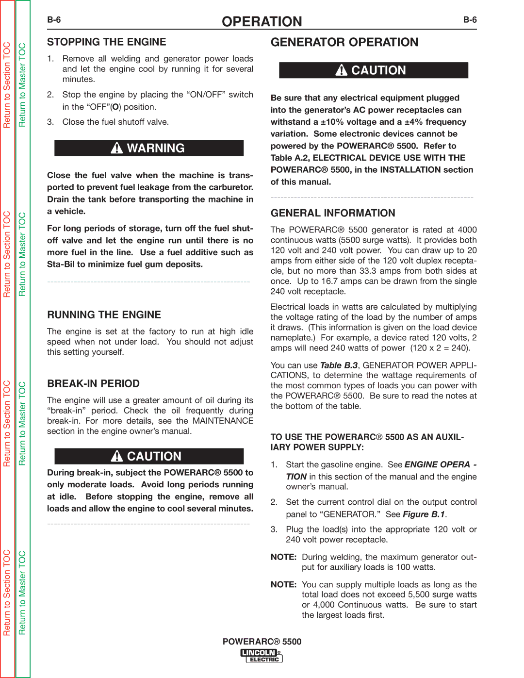 Lincoln Electric SVM197-A service manual Generator Operation, Stopping the Engine, General Information, Running the Engine 