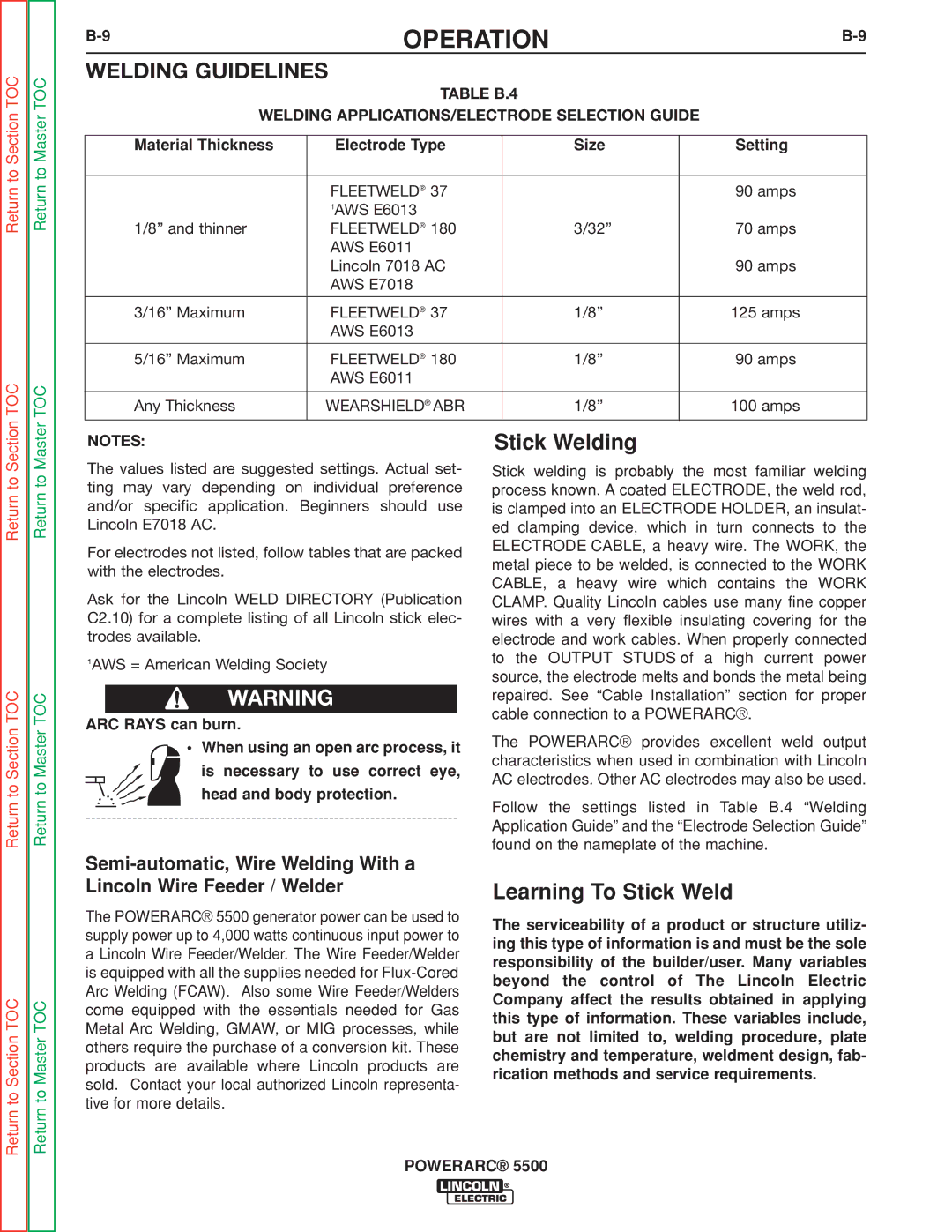 Lincoln Electric SVM197-A service manual Welding Guidelines, Material Thickness Electrode Type Size Setting 