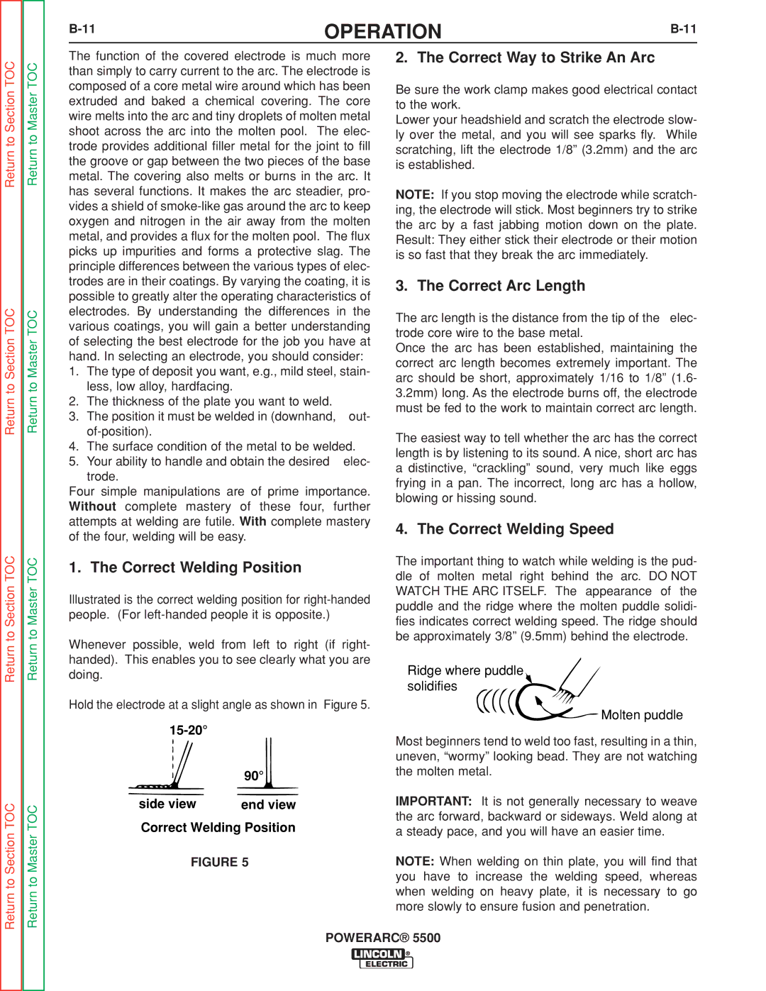 Lincoln Electric SVM197-A Correct Welding Position, Correct Way to Strike An Arc, Correct Arc Length, Side view 