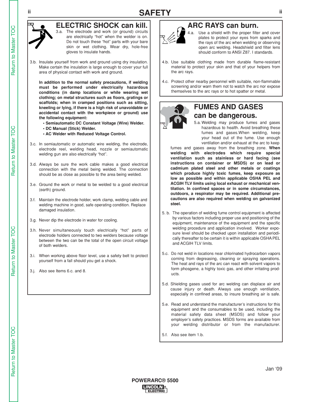 Lincoln Electric SVM197-A service manual Safety, Electric Shock can kill ARC Rays can burn 