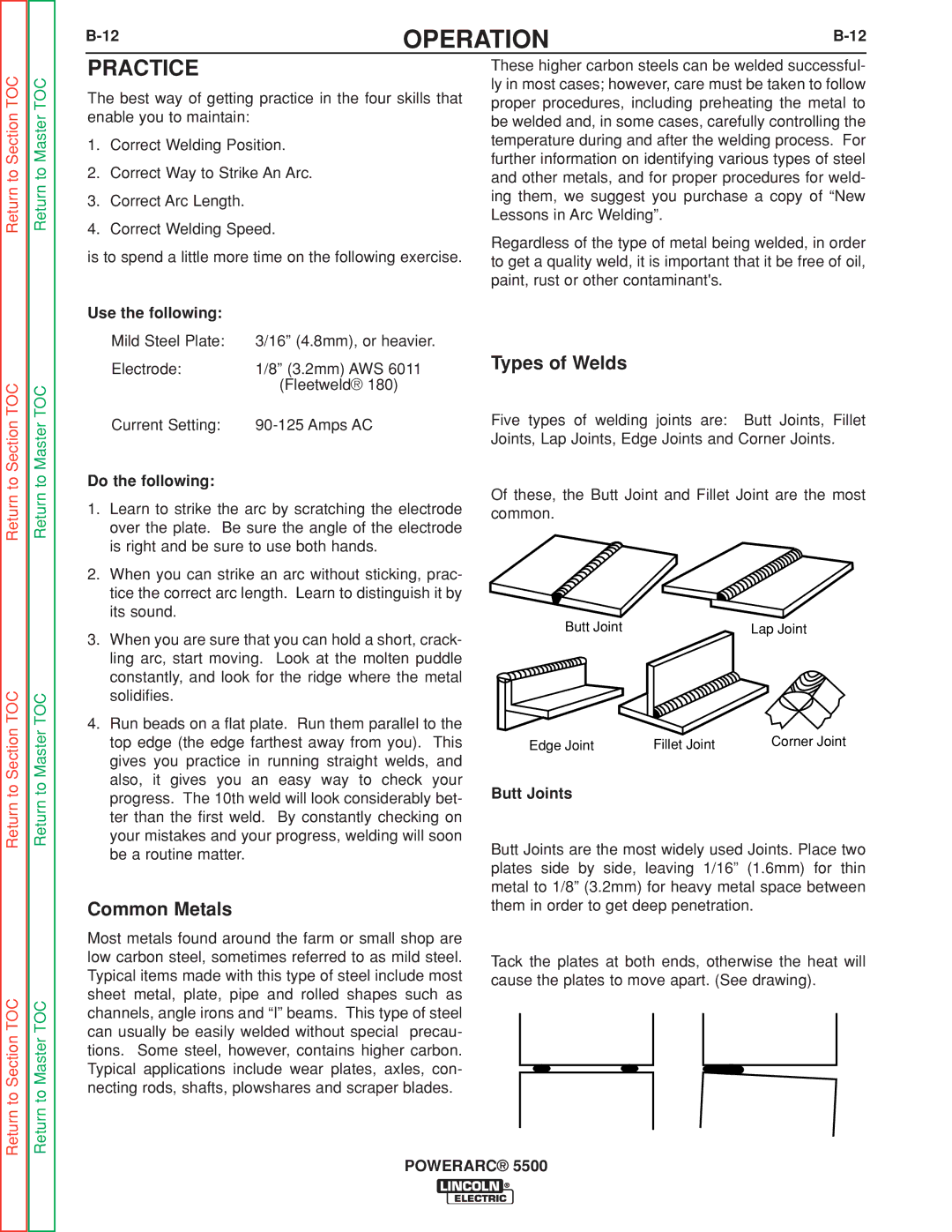 Lincoln Electric SVM197-A service manual Common Metals, Types of Welds, Use the following, Do the following, Butt Joints 