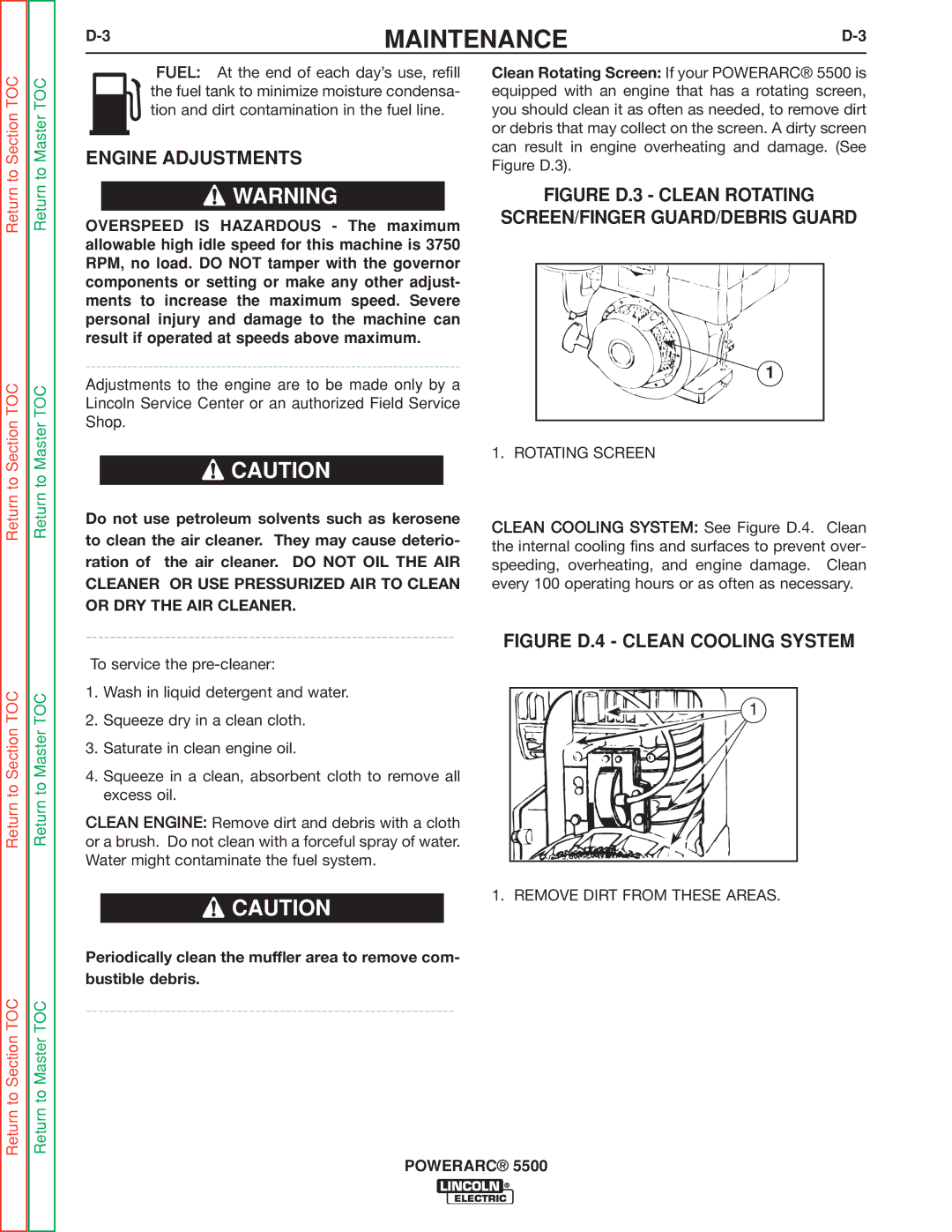 Lincoln Electric SVM197-A service manual Engine Adjustments, Figure D.3 Clean Rotating SCREEN/FINGER GUARD/DEBRIS Guard 