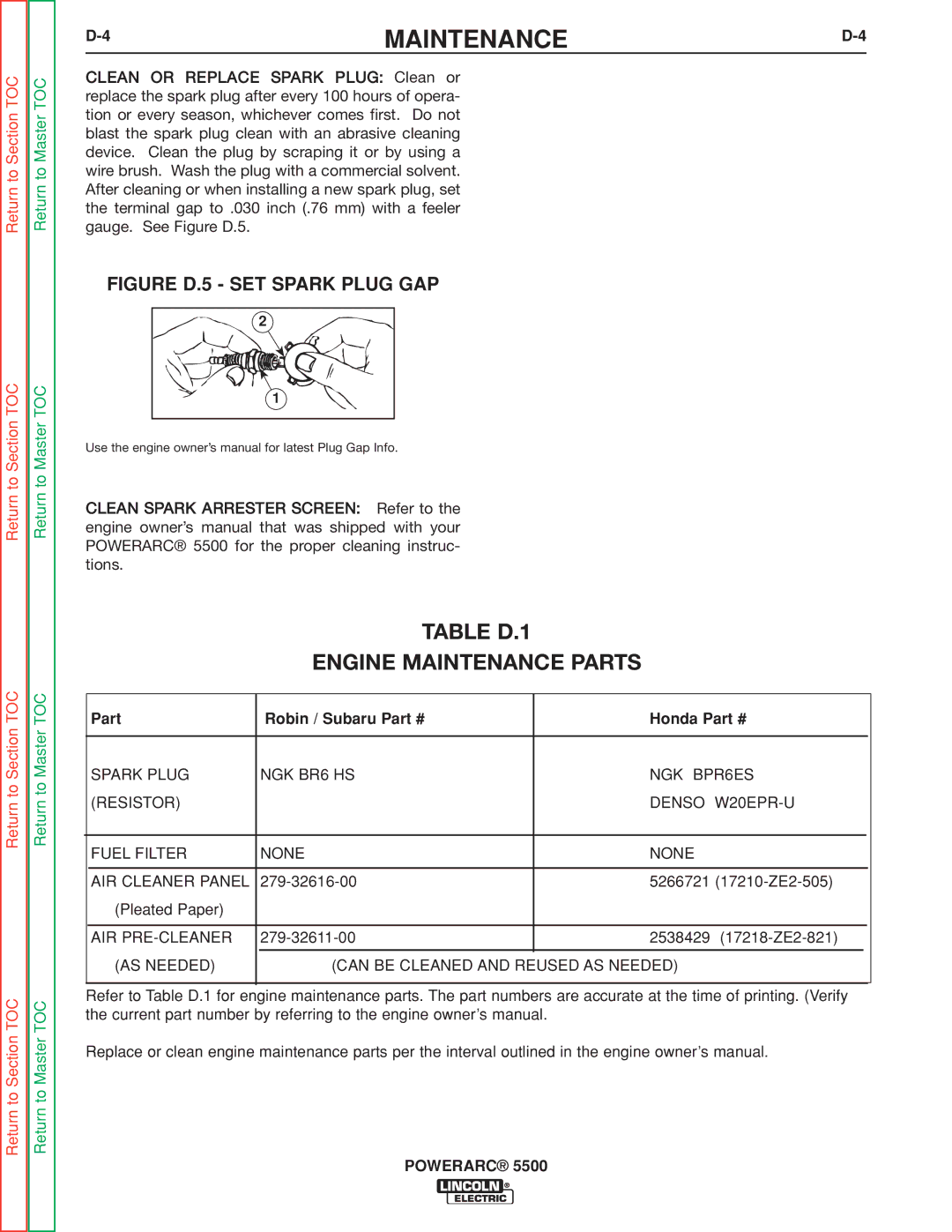 Lincoln Electric SVM197-A service manual Table D.1 Engine Maintenance Parts, Part Robin / Subaru Honda 