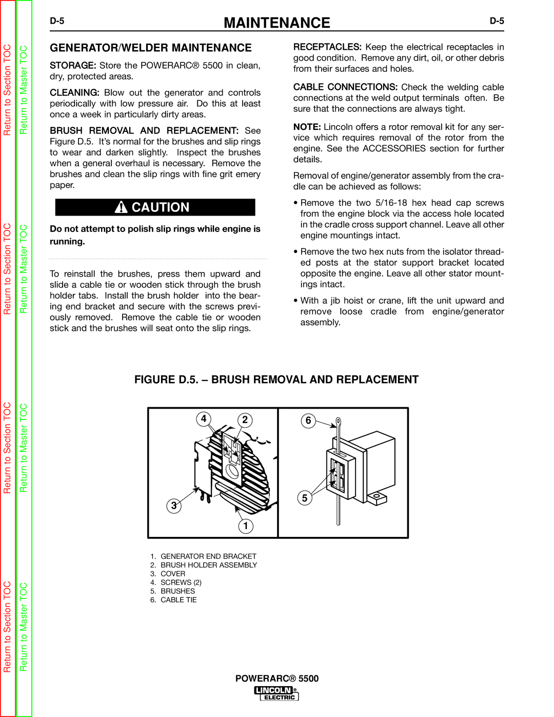 Lincoln Electric SVM197-A GENERATOR/WELDER Maintenance, Do not attempt to polish slip rings while engine is running 