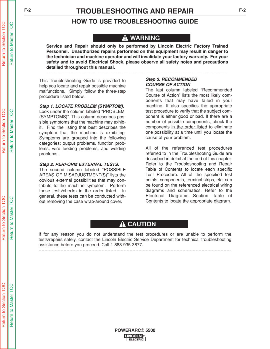 Lincoln Electric SVM197-A service manual 2TROUBLESHOOTING and REPAIRF-2, HOW to USE Troubleshooting Guide 