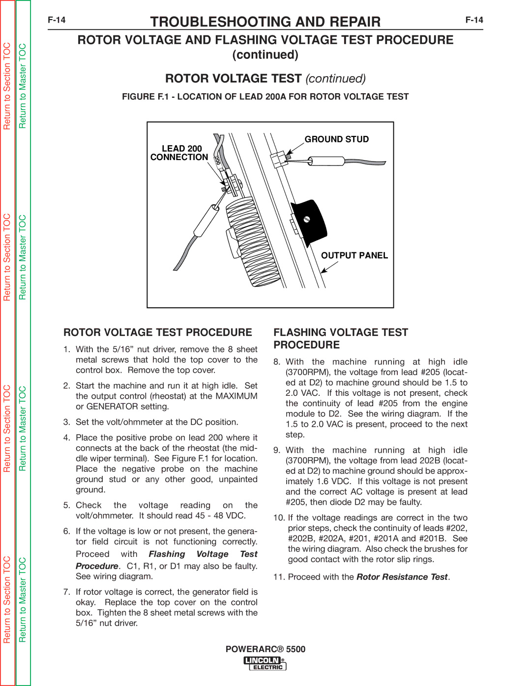 Lincoln Electric SVM197-A 14TROUBLESHOOTING and REPAIRF-14, Rotor Voltage Test Procedure, Flashing Voltage Test Procedure 