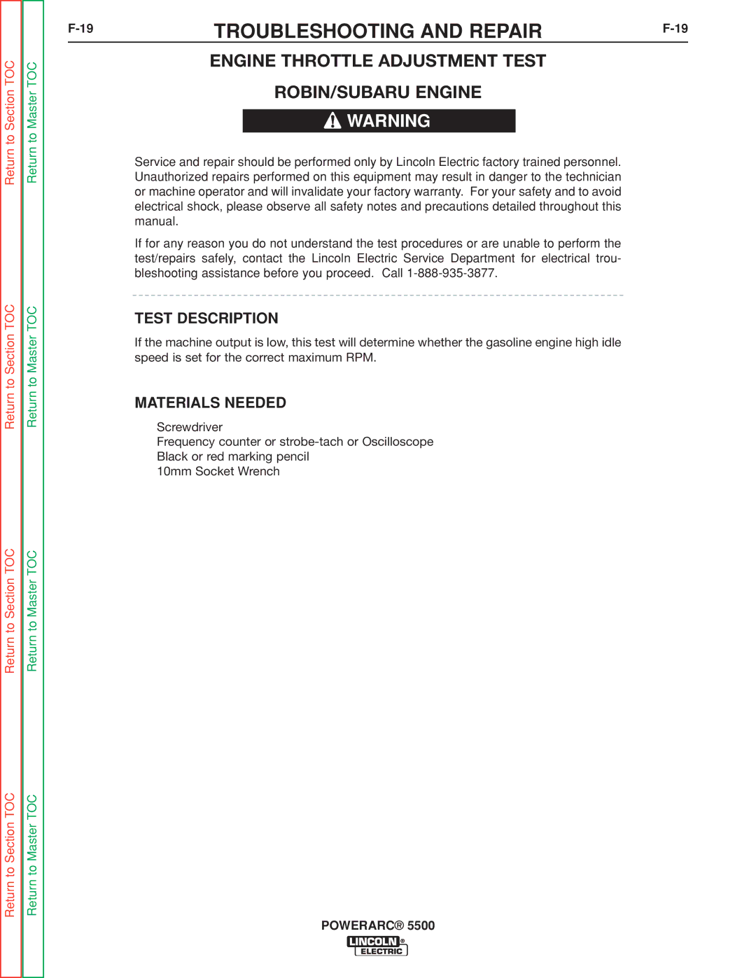 Lincoln Electric SVM197-A service manual Engine Throttle Adjustment Test ROBIN/SUBARU Engine, Test Description 