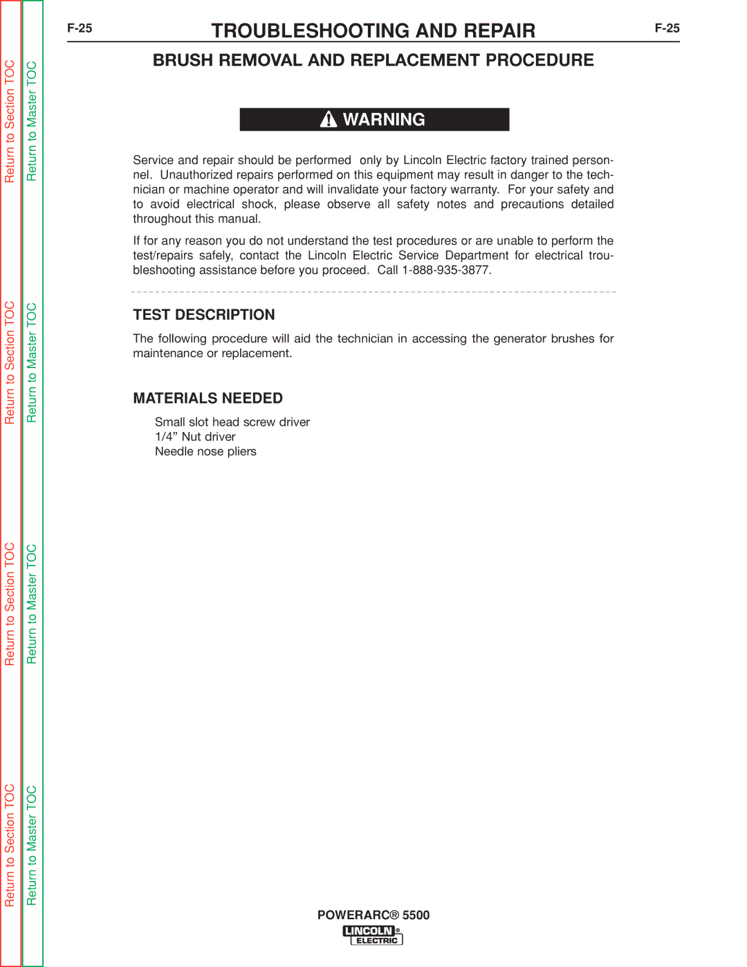 Lincoln Electric SVM197-A service manual Brush Removal and Replacement Procedure, Test Description 