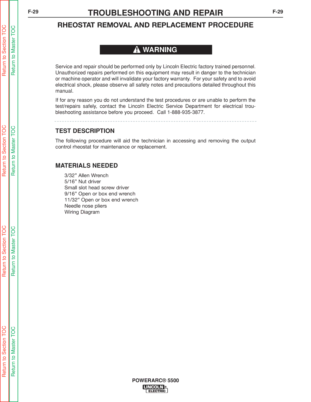 Lincoln Electric SVM197-A service manual Rheostat Removal and Replacement Procedure, Test Description 