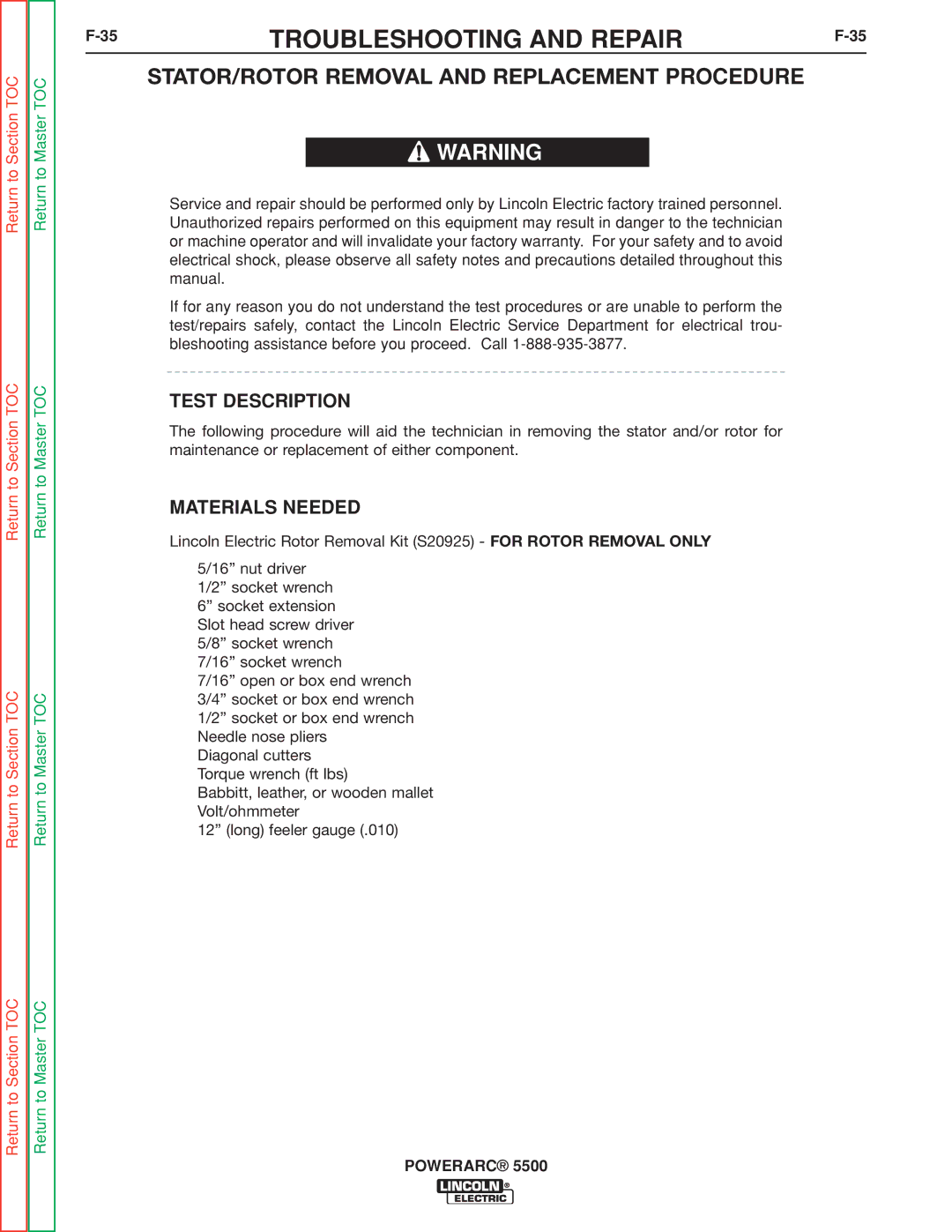 Lincoln Electric SVM197-A service manual STATOR/ROTOR Removal and Replacement Procedure, Test Description 