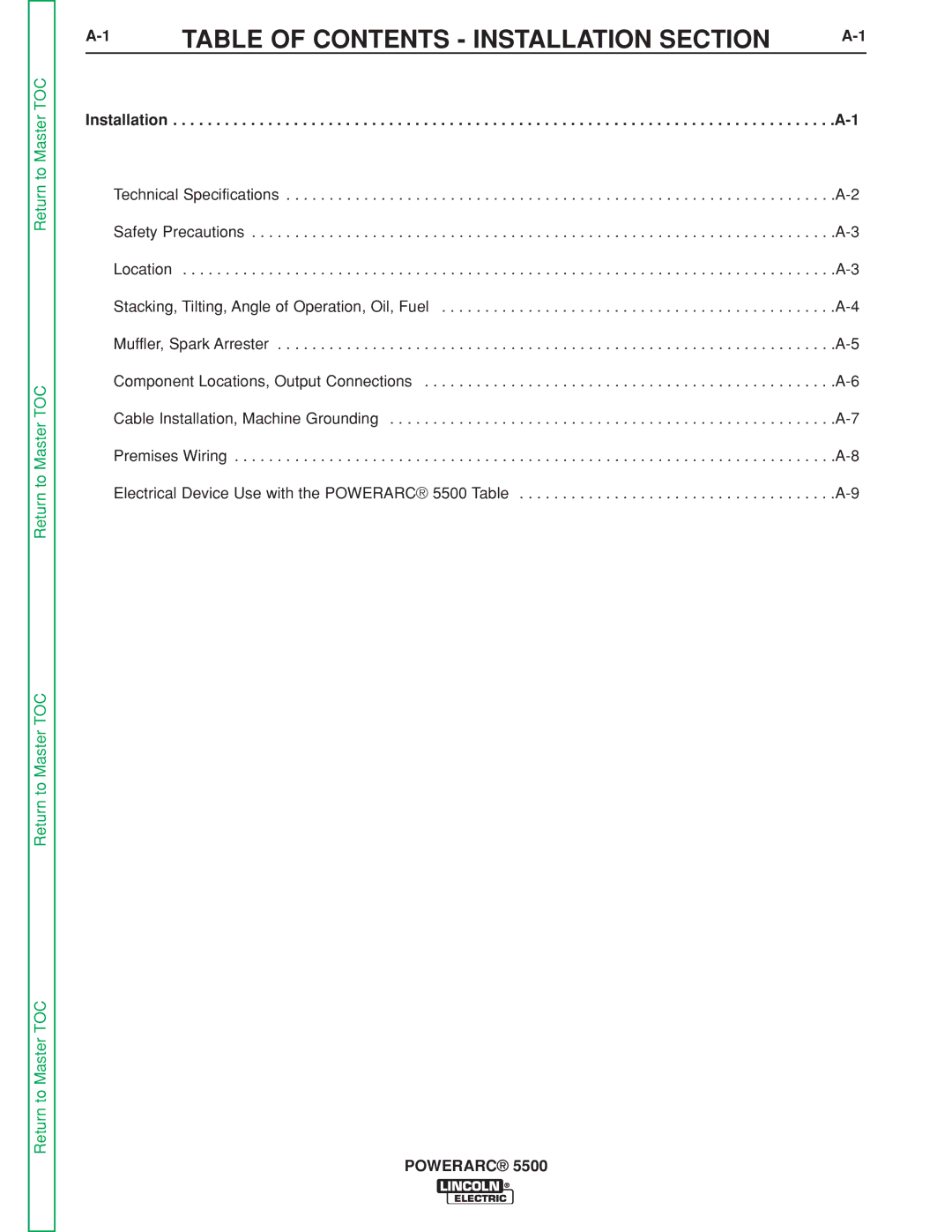 Lincoln Electric SVM197-A service manual Table of Contents Installation Section 