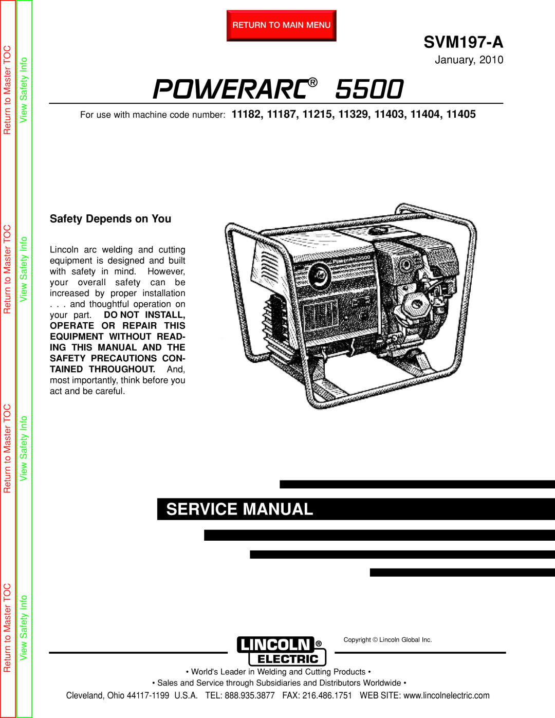 Lincoln Electric SVM197-A service manual Safety Depends on You, Powerarc, Service Manual, January, Return to Master TOC 