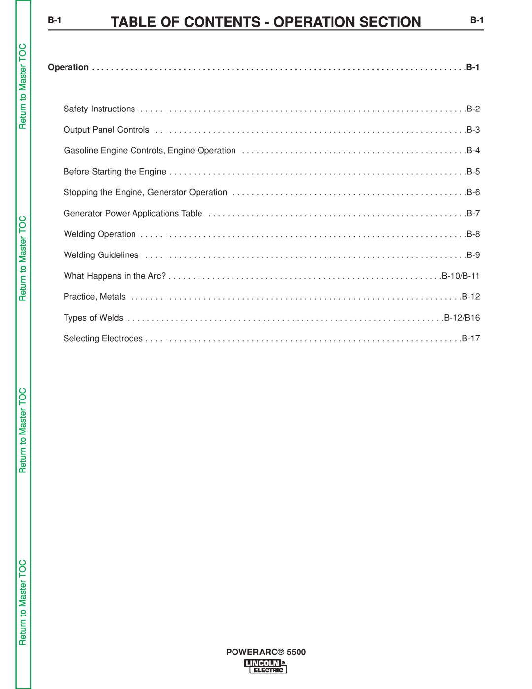 Lincoln Electric SVM197-A service manual Table Of Contents - Operation Section, Return to Master TOC, Powerarc 