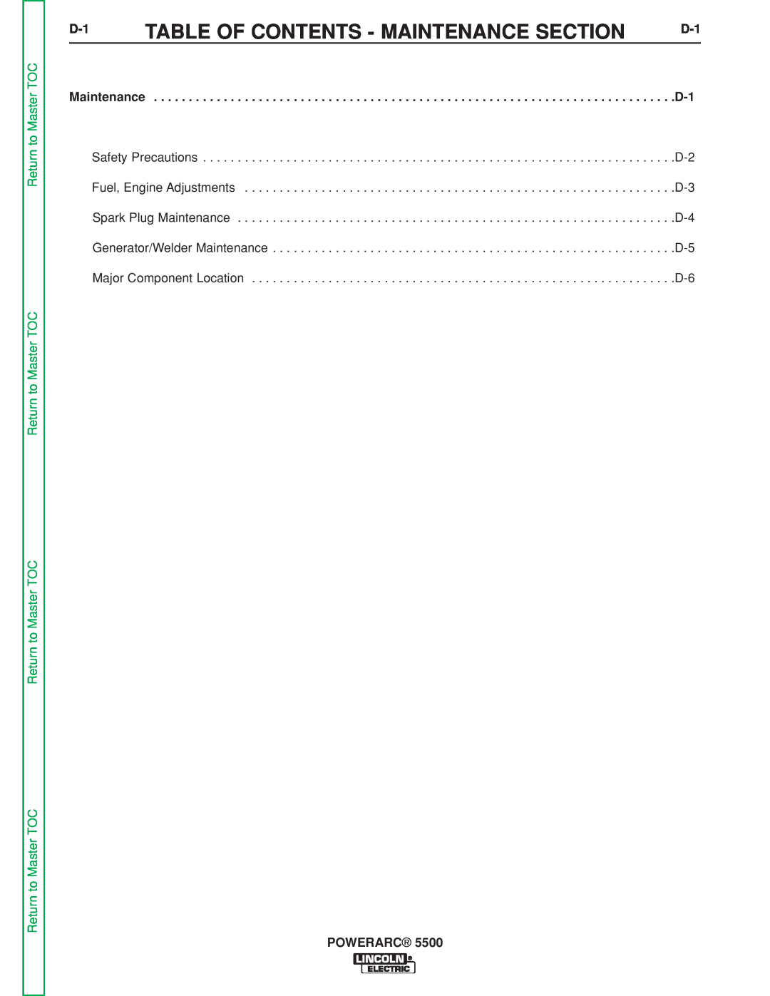 Lincoln Electric SVM197-A service manual Table Of Contents - Maintenance Section, Return to Master TOC, Powerarc 