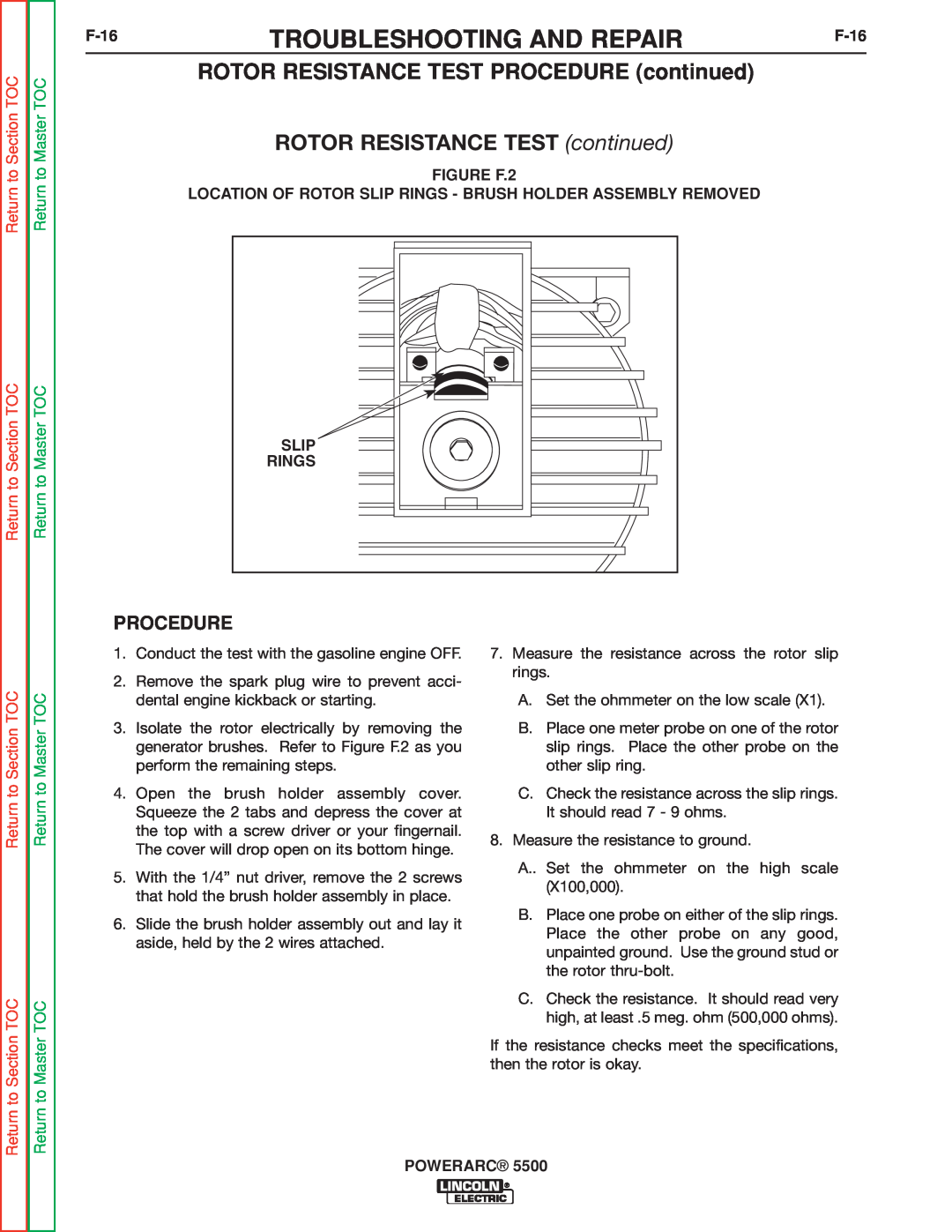 Lincoln Electric SVM197-A ROTOR RESISTANCE TEST PROCEDURE continued, ROTOR RESISTANCE TEST continued, Procedure, F-16 
