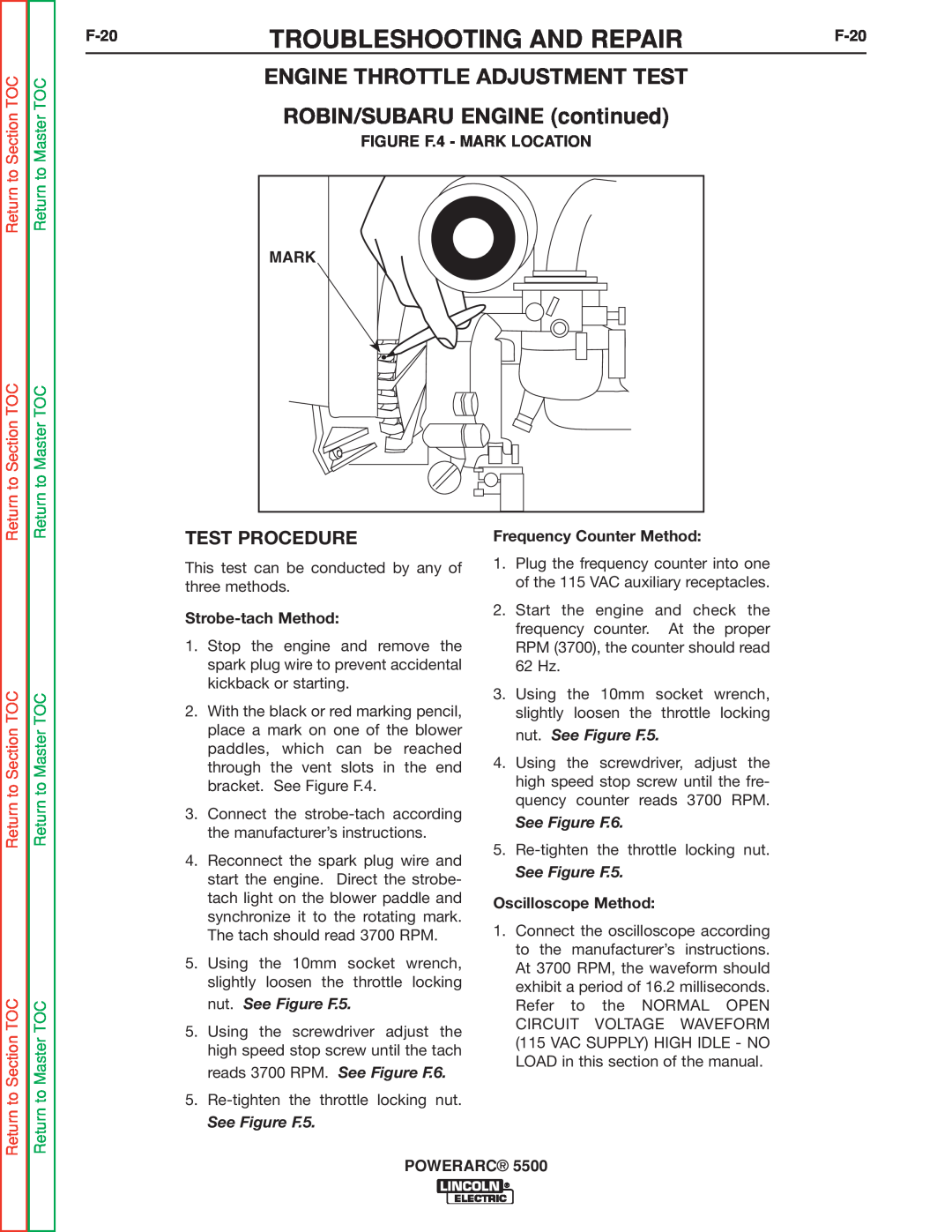 Lincoln Electric SVM197-A ENGINE THROTTLE ADJUSTMENT TEST ROBIN/SUBARU ENGINE continued, Test Procedure, F-20, Mark 
