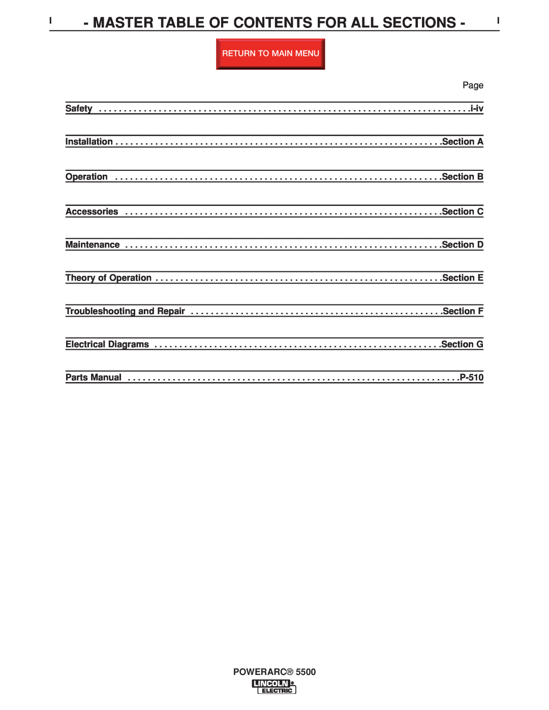 Lincoln Electric SVM197-A service manual I - Master Table Of Contents For All Sections, Page, Safety, Powerarc 