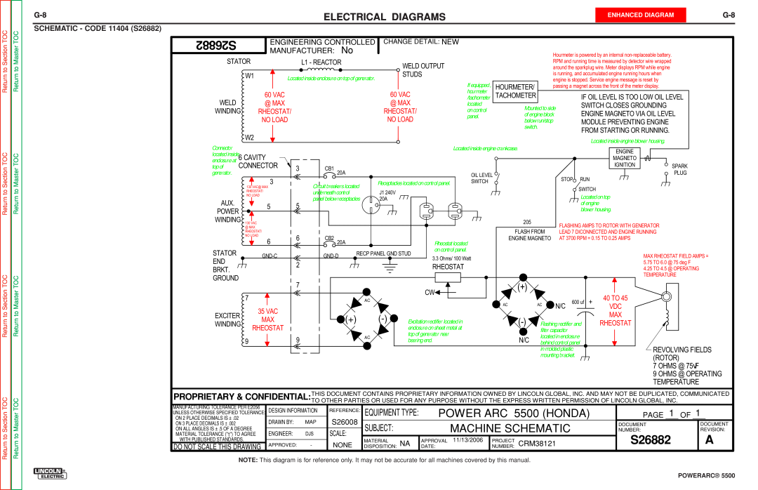 Lincoln Electric SVM197-A POWER ARC 5500 HONDA, SCHEMATIC - CODE 11404 S26882, Machine Schematic, Electrical Diagrams 