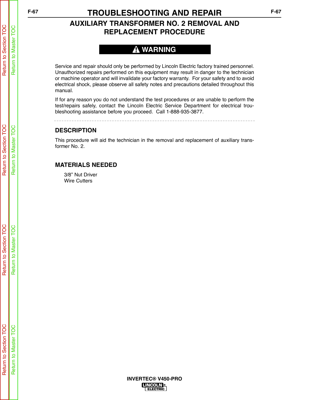 Lincoln Electric SVM199-A service manual Auxiliary Transformer no Removal Replacement Procedure 