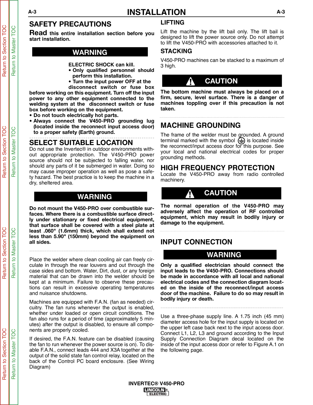 Lincoln Electric SVM199-A service manual Machine Grounding, High Frequency Protection, Input Connection, Lifting, Stacking 