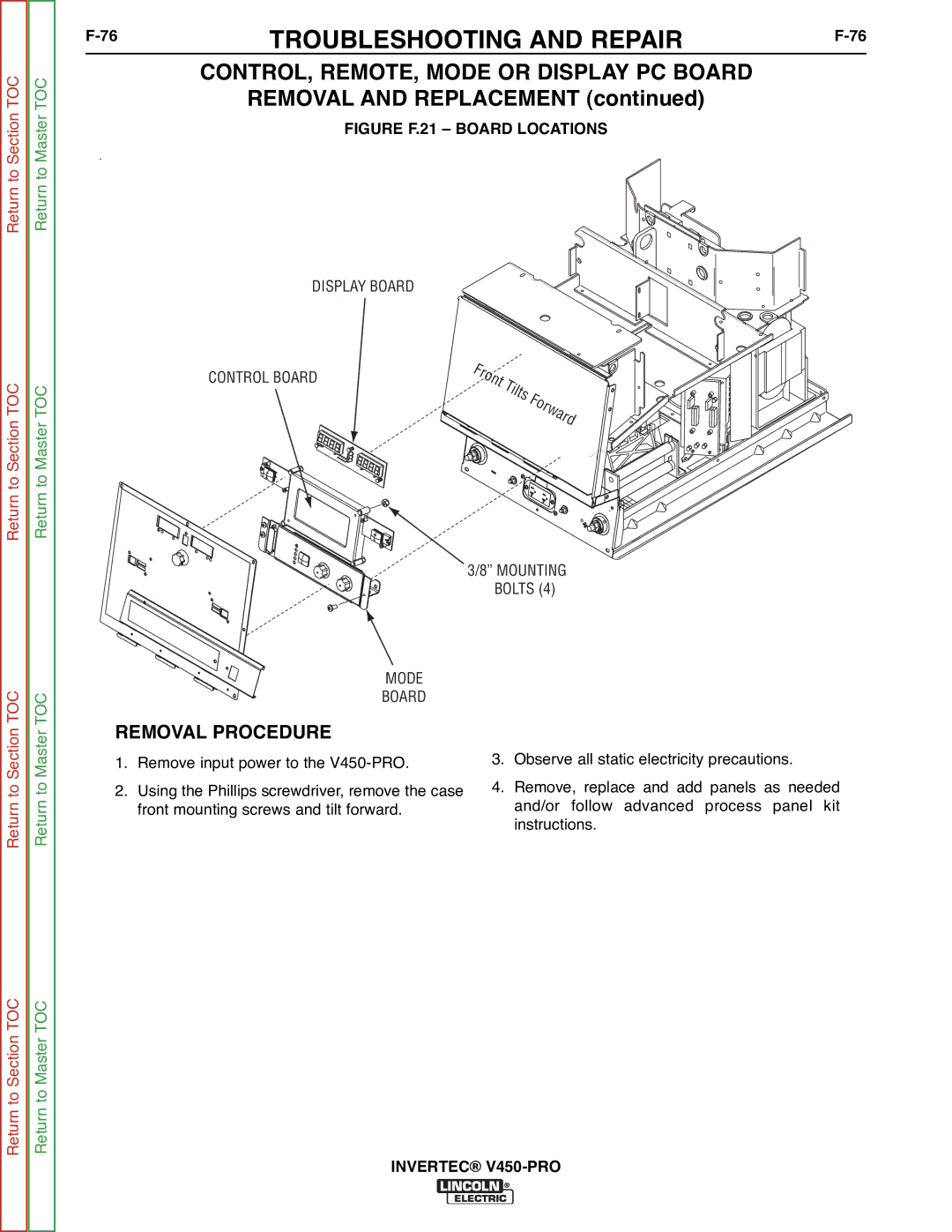 Lincoln Electric SVM199-A service manual CONTROL, REMOTE, Mode or Display PC Board, Removal and Replacement 