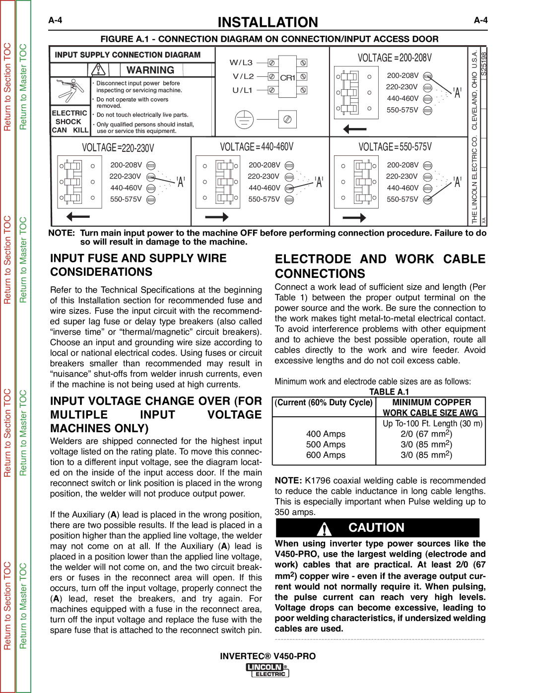 Lincoln Electric SVM199-A service manual Electrode and Work Cable Connections, Table A.1 