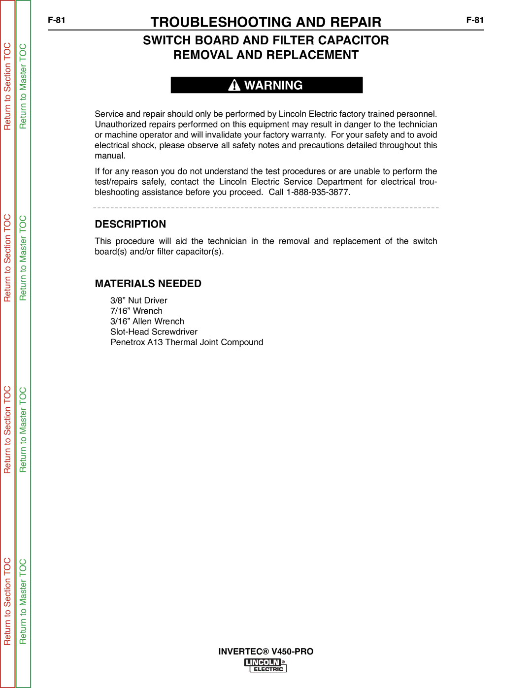 Lincoln Electric SVM199-A service manual Switch Board and Filter Capacitor Removal and Replacement, Description 