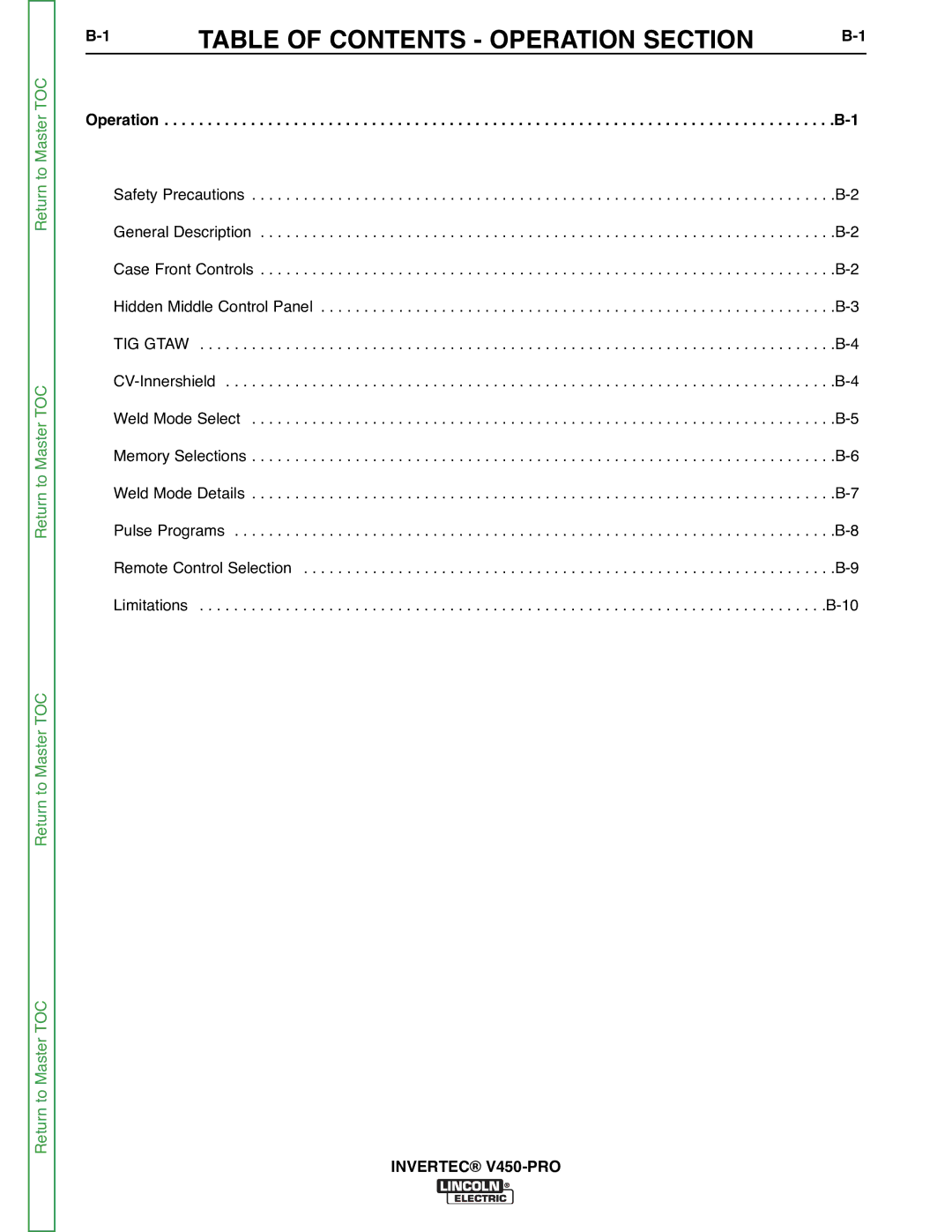 Lincoln Electric SVM199-A service manual Table of Contents Operation Section 