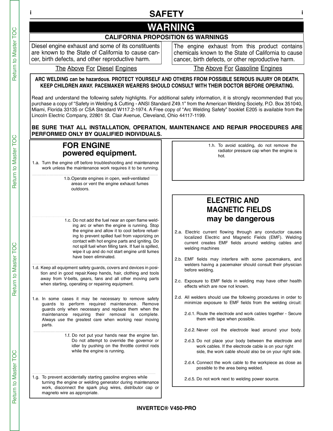 Lincoln Electric SVM199-A service manual Safety, Invertec V450-PRO 