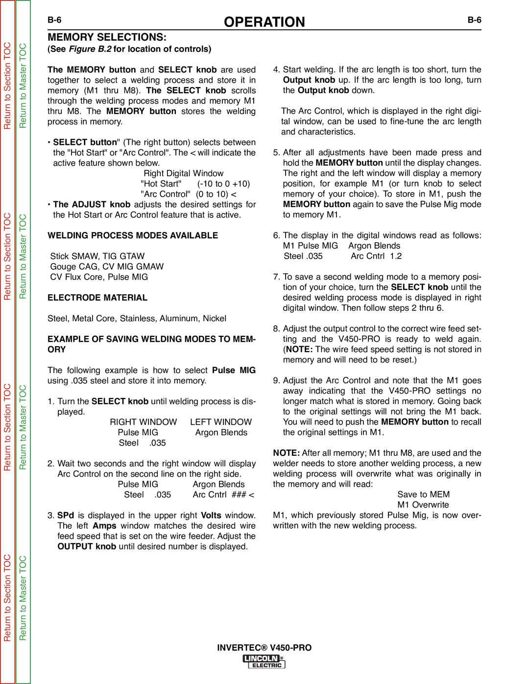 Lincoln Electric SVM199-A service manual Memory Selections, Welding Process Modes Available, Electrode Material 