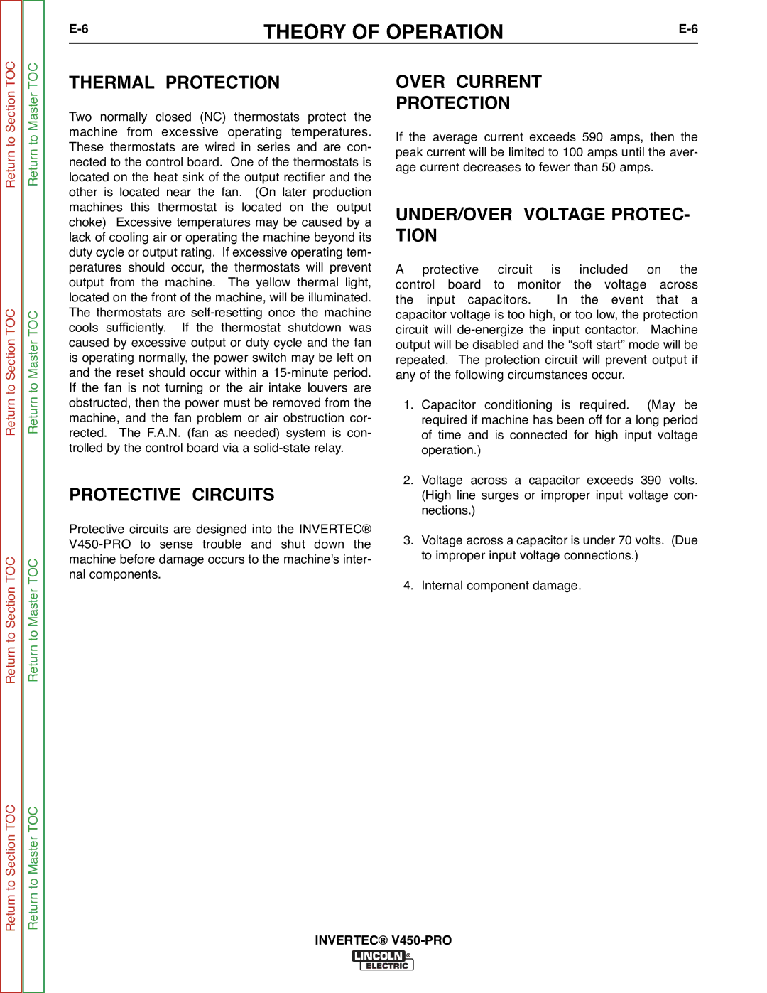 Lincoln Electric SVM199-A service manual Thermal Protection, Protective Circuits, Over Current Protection 