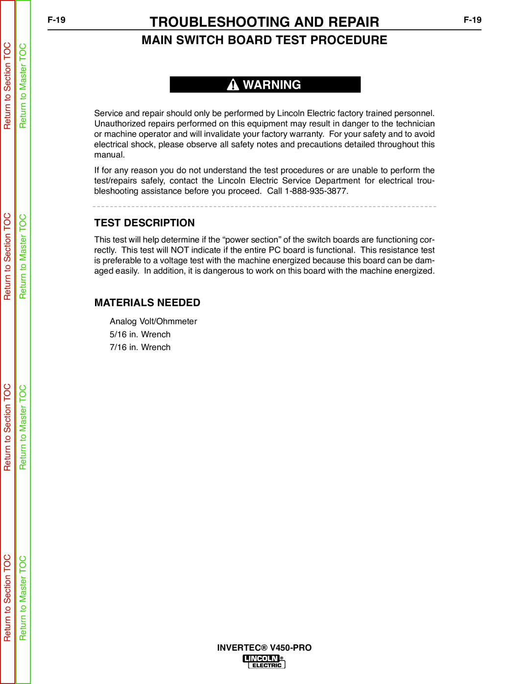 Lincoln Electric SVM199-A service manual Main Switch Board Test Procedure, Test Description 