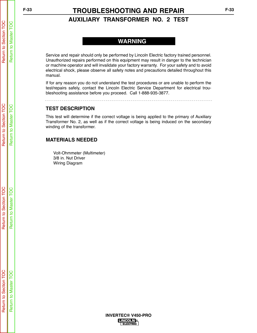 Lincoln Electric SVM199-A service manual Auxiliary Transformer no Test, Test Description 