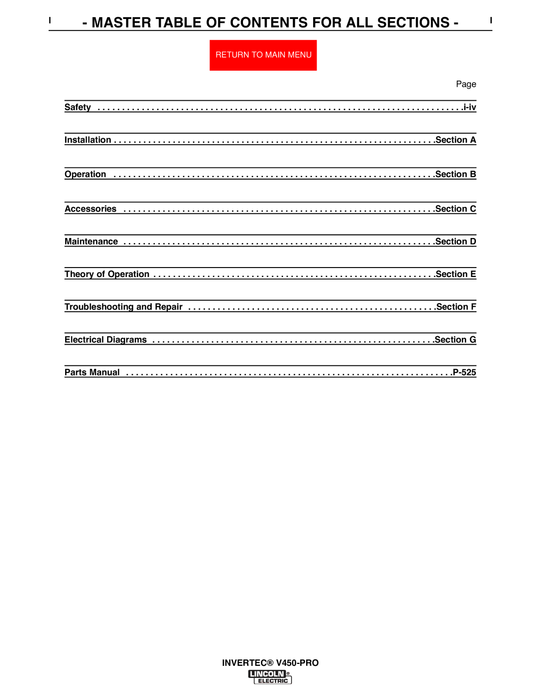 Lincoln Electric SVM199-A service manual Master Table of Contents for ALL Sections 